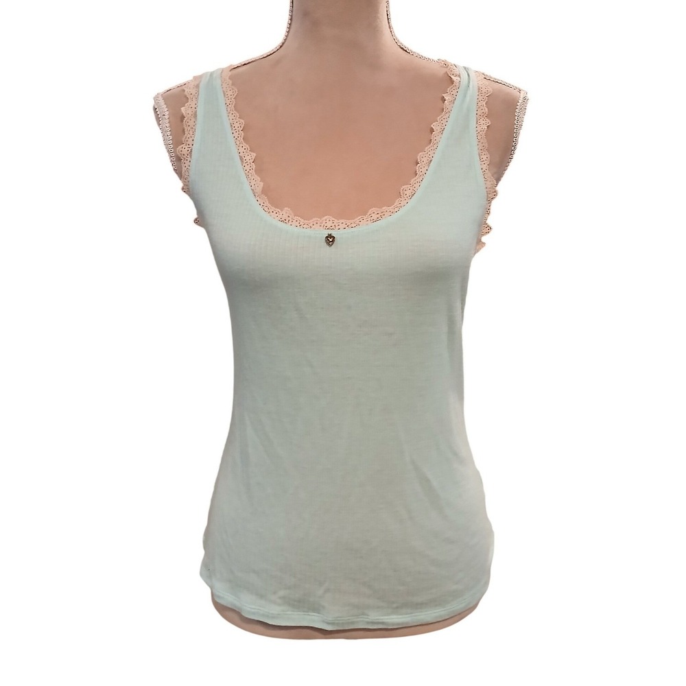 Victorias Secret Ribbed Lace Trim Cami Tank Y2k Angora Size L Light Green Charm